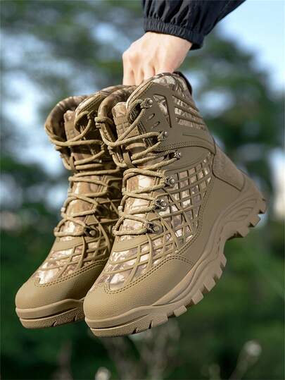 Herren rutschfeste & wasserbeständige Outdoor-Sportschuhe, Mittelhoch Wanderstiefel in Große Größen, hohe Wüstenstiefel, praktische Militär-Trainingsstiefel geeignet für Bergsteigen, Wandern, Camping und andere Outdoor-Aktivitäten (Tarnfarbe Braun, Größe und Tiefe zufällig sortiert)