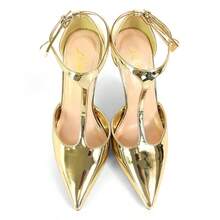 时尚女士镜面金色漆皮尖头T型带高跟凉鞋春夏度假鞋 - 金色 - 查看 5