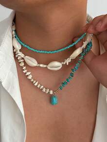 3pcs/Set Men's Retro Boho Style Shell Beaded Necklace, Creative Fashion Metal Spiral Sun Pendant Multi-Layered Necklace, Suitable For Daily And Beach Holiday Wear