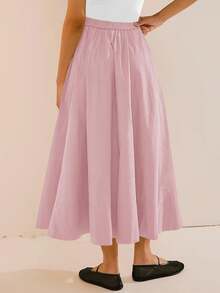 Womens A-Line Midi Skirt Elastic High Waist Pleated Flowy Swing Casual Long Skirt With Pocket - Baby Pink - View 2