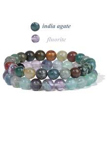 2 件天然石串珠配对手链 8 毫米情侣距离能量手链玛瑙绿松石宝石弹力手镯首饰套装男女礼物 - 彩色 - 查看 14