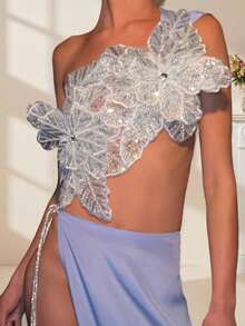 Women's 3D Flower Gorgeous Sequin Decor One Shoulder Sleeveless Bandeau Top Slim Fit Going Out Party Camisole - 藍色 - 查看 3