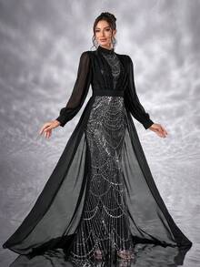 YISIKADO Rochie lungă din șifon de lux cu mărgele, rochie de seară formală, rochie de bal, rochie de petrecere, plisată în față, mânecă lungă, guler înalt, lungime podea, nuntă, invitată, domnișoară de onoare, ziua de naștere, banchet, absolvire, aniversare, cină, ceremonie, sărbătoare, rochie ceremonială modestă - Negru - Vizualizare 2