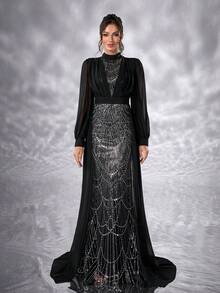 YISIKADO Rochie lungă din șifon de lux cu mărgele, rochie de seară formală, rochie de bal, rochie de petrecere, plisată în față, mânecă lungă, guler înalt, lungime podea, nuntă, invitată, domnișoară de onoare, ziua de naștere, banchet, absolvire, aniversare, cină, ceremonie, sărbătoare, rochie ceremonială modestă - Negru - Vizualizare 5