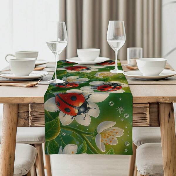 Conjunto de caminho de mesa e jogos americanos com estampa de joaninha e flor, 1/4 peças/10 peças, caminho de mesa de tecido para decoração de mesa de feriados, decoração para casa, presente, conjunto de caminho de mesa e jogos americanos adequado para celebrações internas e externas, festas sazonais, decoração de mesa de cozinha e jantar, decoração de mesa de festa, caminho de mesa para decoração de sala de estar