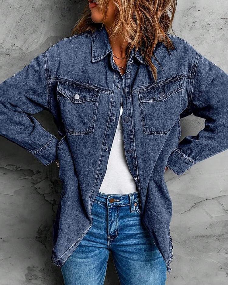 Vetinee Women's Oversized Button Up Frayed Hem Shacket Long Sleeve Pockets Denim Jean Jacket - Vịnh Xanh - Xem 5
