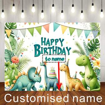 1 pieza Fondo personalizable con nombre de dinosaurio lindo de dibujos animados con tema de fiesta de cumpleaños, selva tropical para fiesta de cumpleaños, fiesta de ducha, fotografía de retrato, accesorios de vinilo