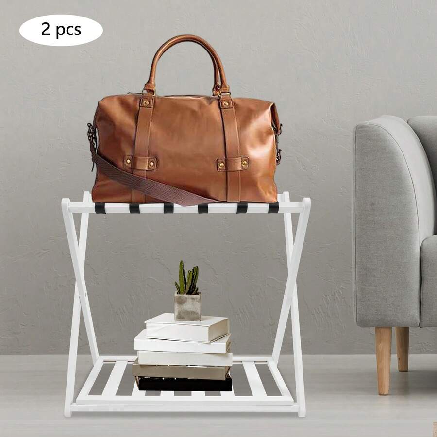 Foldable Luggage Rack, 2-Piece Bamboo Luggage Rack, Capable Of Carrying 35-40kg, Suitable For Short-Term Rental, 25.2 * 15.35 * 22.83 Inches - 白色 - 查看 1