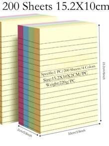 100/200 fogli Notes adesivi a righe di 4 colori, portatili, per studenti, marcatori per note scritte, notes adesivi, facili da applicare, blocchetti per ufficio, casa, scuola, in due formati grande e piccolo, accessorio utile per ufficio, forniture scolastiche, di ritorno a scuola