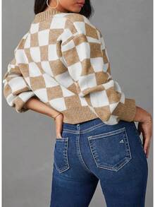 Women's Checkered Button Down Long Sleeve Knit Cropped Cardigan Sweater Tops, Style - Khaki - View 4
