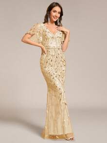 优雅V领蝴蝶袖花卉亮片网纱美人鱼正式晚礼服舞会婚礼宾客礼服派对礼服新娘母亲礼服 - 金色 - 查看 4