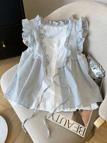 可爱荷叶边休闲女式上衣，系带前开襟二合一韩版盖袖 T 恤，返校季