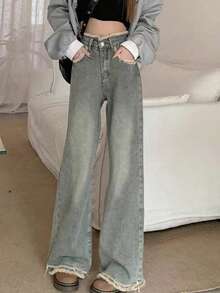 破洞喇叭牛仔裤，斜插口袋，休闲春季款 - 灰綠色 - 查看 4