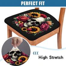 1/4/6/40 Stücke Halloween-Thema mit Totenkopf umgeben von Blumen bedruckte abnehmbare Stretch-Milchfaser-Stuhlbezüge, Restaurantstuhlbezüge - quadratische Sitzkissen für Restaurant, Küche, Esszimmer, Hotel, abnehmbare weiche Kissen-Stuhlbezüge