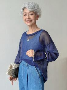 FRIFUL Women's Loose Fit Blue Round Neck See-Through Mesh Overlay Top, Spring/Summer Long Sleeve Top - Navy Blue - View 5