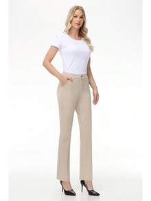 Women's Stretchy Straight Leg Dress Work Pants Business Office Casual Slacks With Pockets, Style - Pale Khaki - View 9