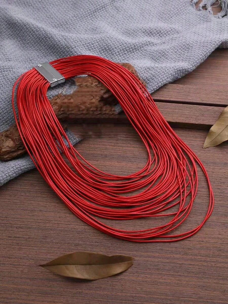 Multi-Layer Handmade Wax Thread Zinc Alloy Magnetic Clasp Braided Leather Cord Necklace, Bohemian Choker Casual Accessory - Red - View 1