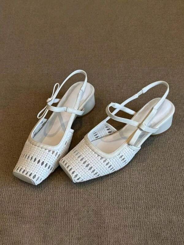 French Hollow Design Open Toe Woven Strap Chunky Heel Sandals For Women, Breathable Fashion For Summer