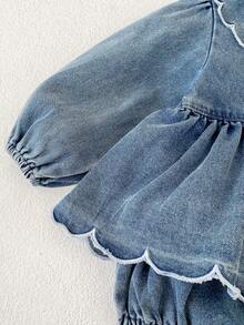 Bộ áo liền quần mùa thu mới cho bé gái, áo liền quần thêu bèo nhún, áo liền quần tam giác denim ngọt ngào thoải mái cho bé tập bò (Sản phẩm này có kiểu dáng rộng rãi, vui lòng chọn nhỏ hơn một size nếu bạn muốn kiểu dáng ôm sát hơn) - Màu xanh lam - Xem 7