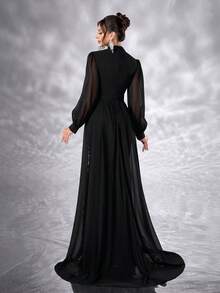 YISIKADO Elegant 3D Flower Chiffon High Neck Lantern Sleeve Long Dress Wedding Guest Formal Dress Modest Women Dresses - 黑色 - 查看 2