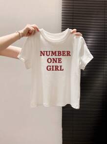 Petite 夏季新款简约短袖T恤女短款修身个性印花休闲圆领上衣韩版 - 白色 - 查看 6