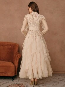 Savoree 女士优雅彩色刺绣连衣裙，长袖拼布褶皱网纱下摆派对婚礼宾客礼服 - 查看 3