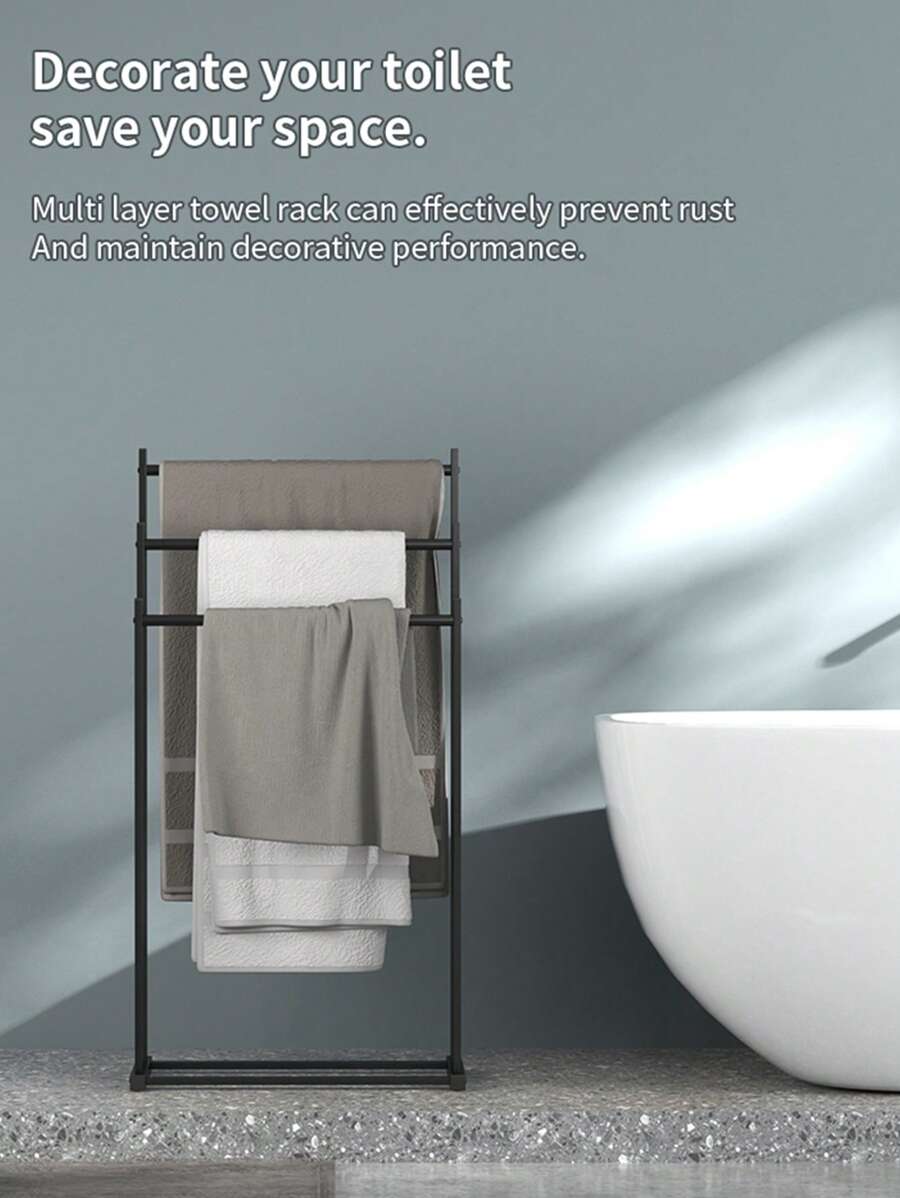 3-Tier Large Capacity Freestanding Metal Wood Folding Towel Rack, Anti-Rust Coating Metal Ladder Towel Holder, Drying Stand, Bathroom Bath Organizer Rack With Wood Handle For Space Saving