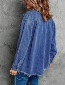 Vetinee Women's Oversized Button Up Frayed Hem Shacket Long Sleeve Pockets Denim Jean Jacket - 宵藍 - 查看 3