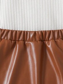 女童长袖罗纹高领毛衣 + PU 皮革迷你裙 + 帽子三件套，适合休闲外出、节日、派对、秋季/春季 - 白色 - 查看 7