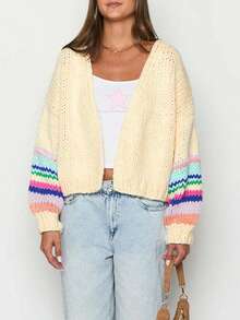 女士休闲秋冬时尚新款复古撞色奶油色可爱长袖粗针织开衫，柔软可爱多色奶油色开衫，完美适用于冬季、返校季、Y2K、街头风、复古风、约会、外出就餐和户外活动 - 杏色 - 查看 2