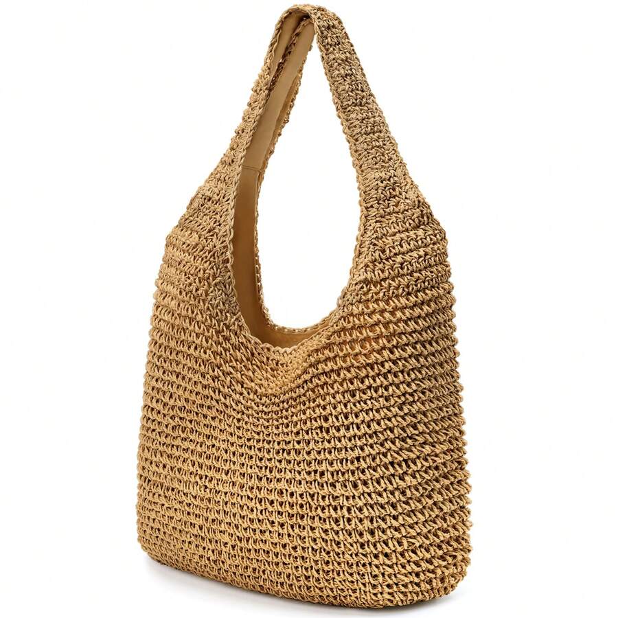 Handmade Straw Woven Handbag, Woven Mesh Beach Bag, Shoulder Bag, Foldable Large Capacity Bag, Suitable For Beach, Camping, Commuting, Travel And Vacation, Full Of Fashion Sense. - 圓/卡其 - 查看 1