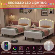 Flieks 3ft Single Upholstered Bed With LED Adjustable Shell Shape Headboard, Soft Velvet Bed Frame With Solid Wood Slat, No Box Spring Needed, Easy Assembly (No Mattress) - White - View 5