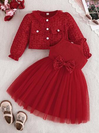 2pcs/Set Girls' Birthday Party Gift, Fashion 3D Print Jacket And Striped Bowknot Mesh Slip Dress