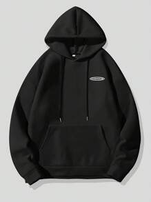 Men's Loose Drawstring Hoodie With Pockets, Printed Design, Casual For Autumn/Winter - Black - View 2