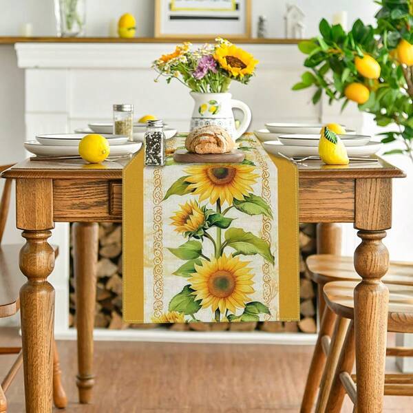 1pc/108pcs Vibrant Yellow Sunflower Table Runner Soft Polyester Material, Perfect For Kitchen Or Dining Room Table Decoration, Seasonal Table Setting Sunflower Theme Soft Fabric, Sunflower Kitchen Decor