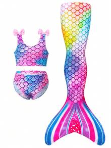 3pcs/Set Girls Mermaid Tail Bikini Set, Butterfly & Fish Scale Print Camisole & Triangle Bottoms