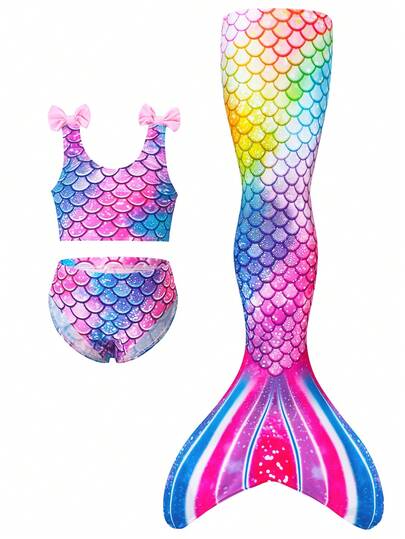 3pcs/Set Girls Mermaid Tail Bikini Set, Butterfly & Fish Scale Print Camisole & Triangle Bottoms