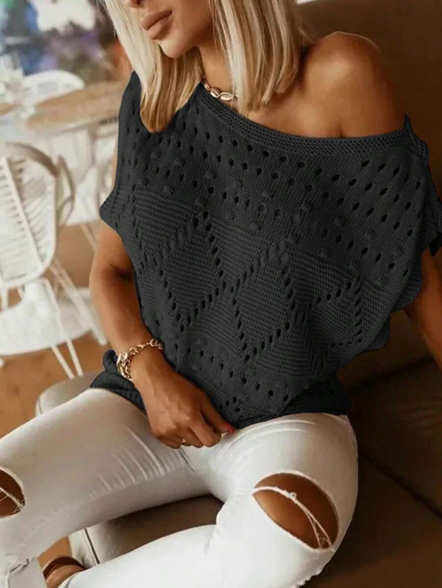 Women's Solid Color Casual Hollow Out Shoulder Knit Pullover