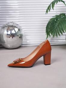 Giày cao gót đế thô màu trơn thời trang mũi nhọn màu xanh lá cây cỡ lớn dành cho nữ, mùa thu/đông - màu nâu - Xem 3