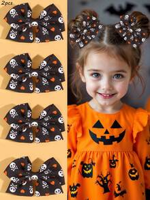 2 piezas Pinzas para el cabello con moños naranja y negro de Halloween para niñas, pinzas para el cabello con moños decorados con calaveras de tela, accesorios para el cabello divertidos como regalo de Halloween para adolescentes - Naranja - Ver 3