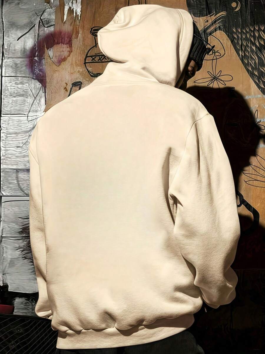 男式纯色长袖抽绳休闲连帽运动衫，带口袋 - 杏色 - 查看 1