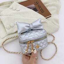 حقيبة صغيرة للبنات مزينة بفيونكة وسلسلة معينية، مصنوعة من مادة البولي يوريثان (بي يو) ، حقيبة كتف عبر الجسم جميلة، مناسبة للاستخدام اليومي في جميع المواسم