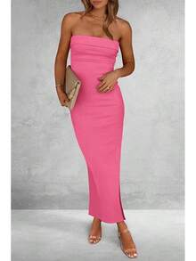 Women's Summer Bodycon Maxi Tube Dress Ribbed Strapless Side Slit Long Going Out Casual Elegant Party DressesHalloween Christmas New Year - 玫瑰粉紅 - 查看 6
