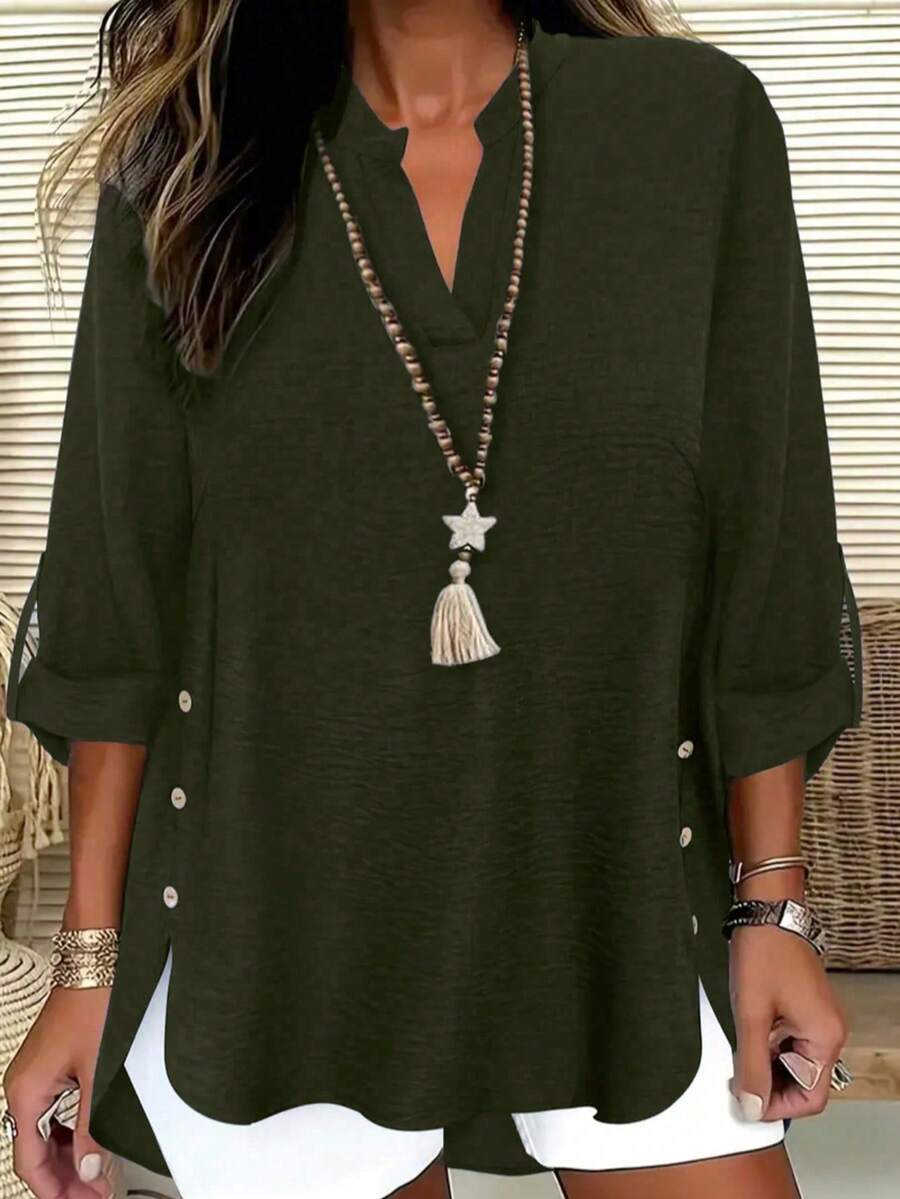 大码休闲纯色纽扣装饰缺角领衬衫 春季