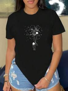 Camiseta de la estrella del globo del astronauta de la historieta de la señora Camiseta informal holgada de cuello redondo para mujer con estampado de globos astronautas Camisetas de Mujer - Negro - Ver 1