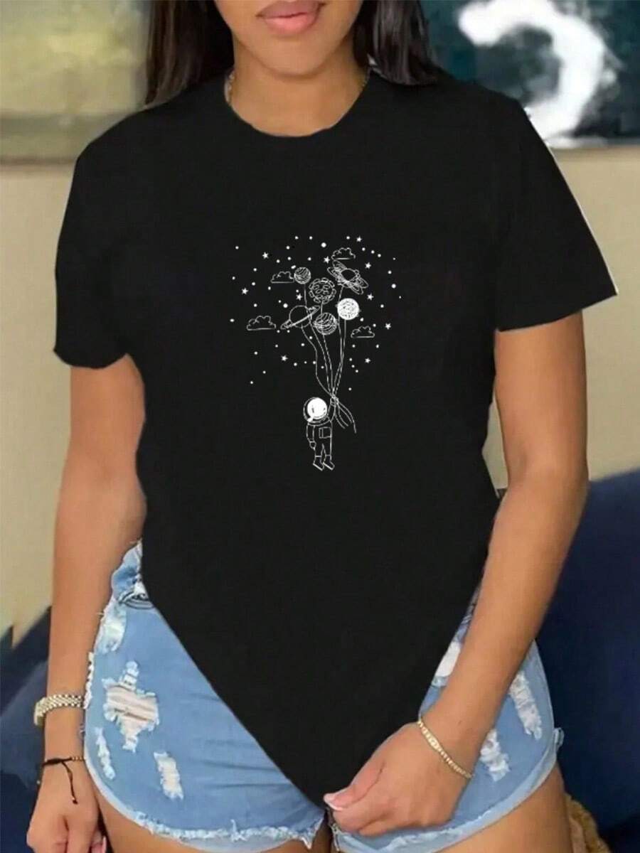 Camiseta de la estrella del globo del astronauta de la historieta de la señora Camiseta informal holgada de cuello redondo para mujer con estampado de globos astronautas Camisetas de Mujer - Negro - Ver 1