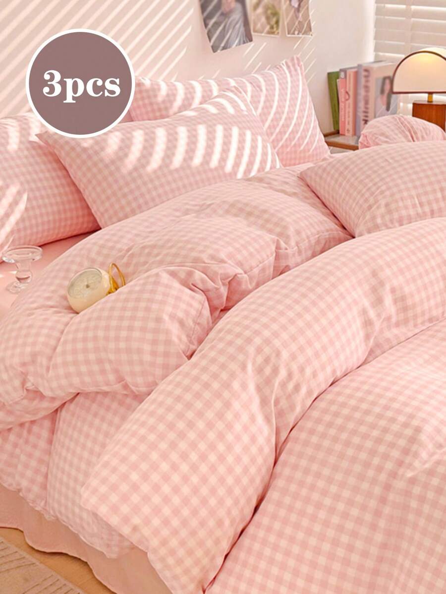 3pcs Pastel Plaid Print Duvet Cover Set, Suitable For Girls & Students, Fresh & Petite, Super Soft & Cute, All Season, Microfiber Duvet Cover Bedding Set, Polyester, Fits Twin/Full/Queen Size Bed - Baby Pink - View 1