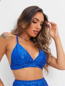 Sequined Crop Top, Shiny Party Bra Style - 寶藍色 - 查看 6