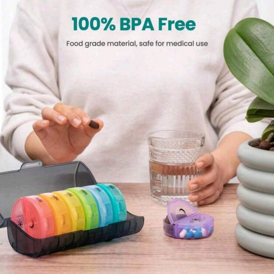 每周药丸收纳盒，每日两次，7天旅行药盒，上午下午两次药盒，便携式每日维生素收纳盒，用于药物、维生素、鱼油、补充剂 - 彩色 - 查看 1