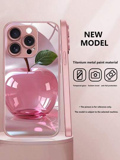 1pc Pink Apple Pattern Phone Case, Metallic Pink Spray Paint On Side, Matte Texture On Side, High-Definition Glass Back, Precise Camera Hole Protection, Compatible With Iphone 16 Pro Max/16 Plus/16 Pro/16/11/11 Pro/11 Pro Max/12/12 Pro/12 Pro Max/13/13 Pro/13 Pro Max/14/14 Plus/14 Pro/14 Pro Max/15/15 Plus/15 Pro/15 Pro Max/7/8 Plus/XR/XS Max/X, Suitable For Women, Gift For Family, Friends, Loved Ones Waterproof Shockproof Anti-Fall Scratch Resistant